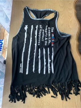 Black Graphic Fringe Tank Top with Patriotic Text